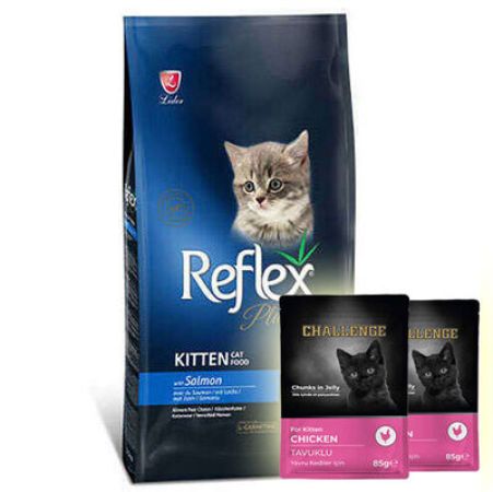 Reflex Plus Kitten Somonlu Yavru Kedi Maması 1,5 Kg + 2 Adet Challenge Pouch 85 Gr Yaş Mama