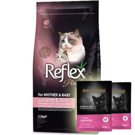 Reflex Plus Mother Baby Kuzu Etli Yavru ve Anne Kedi Maması 1,5 Kg + 2 Adet Challenge Pouch 85 Gr Yaş Mama