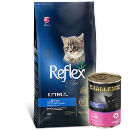 Reflex Plus Kitten Somonlu Yavru Kedi Maması 15 Kg + 5 Adet Challenge Kitten 400 Gr Konserve
