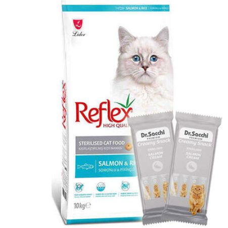 Reflex Sterilised Somonlu Kısırlaştırılmış Kedi Maması 10 Kg + 2 Adet Dr Sacchi 4 lü Creamy Ödül