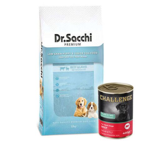 Dr. Sacchi Puppy Sığır ve Kuzu Etli Yavru Köpek Maması 12 Kg + 5 Adet Challenge 400 Gr Konserve