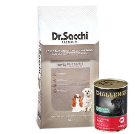 Dr. Sacchi Small Mini Sığır ve Kuzu Küçük Irk Köpek Maması 12 Kg + 5 Adet Challenge 400 Gr Konserve