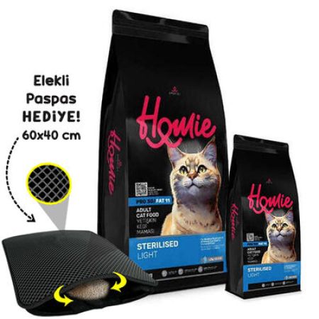 Homie Düşük Tahıllı Kısırlaştırılmış Kedi Maması 12 Kg + 1,5 Kg Mama + Elekli Paspas