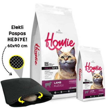 Homie Pro36 Düşük Tahıllı Kuzulu Kedi Maması 12 Kg + 1,5 Kg Mama + Elekli Paspas