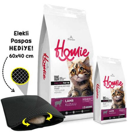 Homie Kitten Pro38 Düşük Tahıllı Kuzulu Yavru ve Anne Kedi Maması 12 Kg + 1,5 Kg Mama + Elekli Paspas