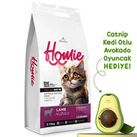 Homie Kitten Pro38 Düşük Tahıllı Kuzulu Yavru ve Anne Kedi Maması 2,75 Kg + Avokado Kedi Oyuncağı