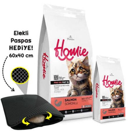 Homie Kitten Düşük Tahıllı Somonlu Yavru ve Anne Kedi Maması 12 Kg + 1,5 Kg Mama + Elekli Paspas