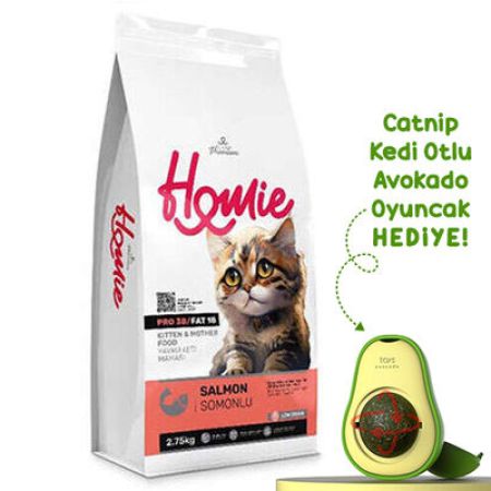 Homie Kitten Pro38 Düşük Tahıllı Somonlu Yavru ve Anne Kedi Maması 2,75 Kg + Avokado Kedi Oyuncağı