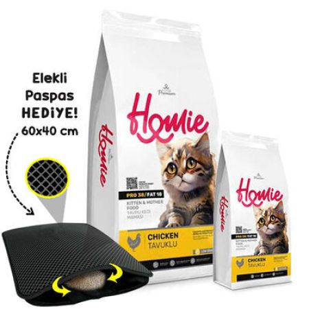 Homie Kitten Pro38 Düşük Tahıllı Tavuklu Yavru ve Anne Kedi Maması 12 Kg + 1,5 Kg Mama + Elekli Paspas