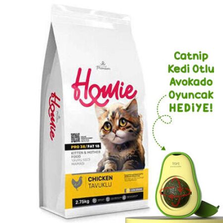 Homie Kitten Pro38 Düşük Tahıllı Tavuklu Yavru ve Anne Kedi Maması 2,75 Kg + Avokado Kedi Oyuncağı