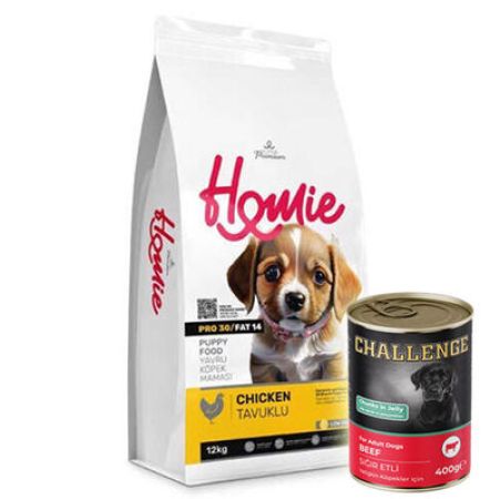 Homie Pro30 Düşük Tahıllı Tavuklu Yavru Köpek Maması 12 Kg + 5 Adet Challenge 400 Gr Konserve