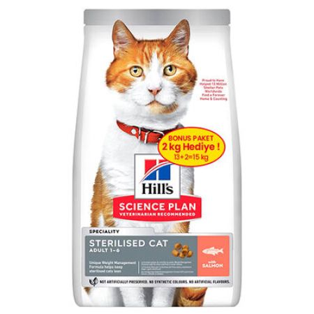 Hill′s Sterilised Kısırlaştırılmış Somonlu Kedi Maması 13+2 Kg (Toplam 15 Kg) + Schesir Stix Krema Kedi Ödülü