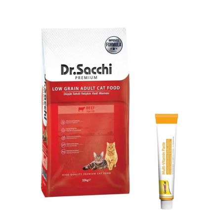 Dr.Sacchi Premium Düşük Tahıllı Sığırlı Yetişkin Kedi Maması 10 Kg + Gimcat Multivitamin 100 gr