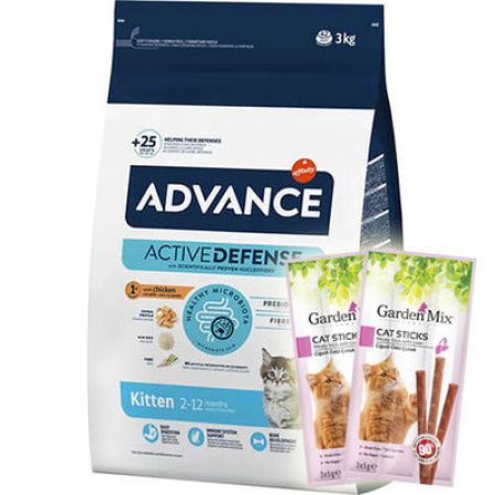 Advance Kitten Yavru Tavuk Etli Kedi Maması 3 Kg + 5 Adet Garden Mix Stick Kedi Ödülü