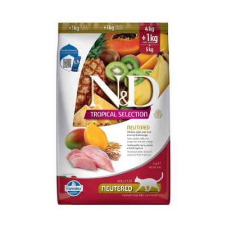 N&D Tropical Selection Düşük Tahıllı Tavuklu ve Tropikal Meyveli Kısırlaştırılmış Kedi Maması 4 + 1 kg Hediyeli!