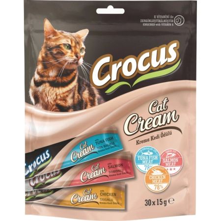 Crocus Tavuklu, Ton Balıklı ve Somonlu Krema Kedi Ödül Maması 30 x 15 gr