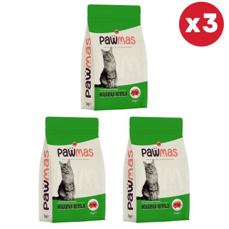 Pawmas Kuzu Etli Yetişkin Kedi Maması 1 Kg x 3 Adet