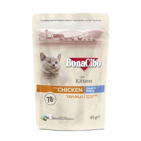 BonaCibo Soslu Tavuklu Pouch Yavru Kedi Yaş Maması Yavru Kediler için Tam Yaş Mama - 85 gr x 12 Adet