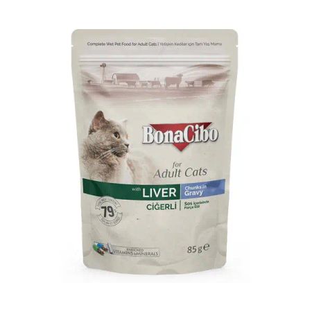 BonaCibo Soslu Ciğerli Pouch Yetişkin Kedi Yaş Maması Yetişkin Kediler için Tam Yaş Mama - 85 gr x 12 Adet