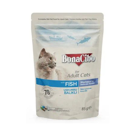 BonaCibo Soslu Uskumru-Balıklı Pouch Yetişkin Kedi Yaş Maması Yetişkin Kediler için Tam Yaş Mama - 85 gr x 12 Adet