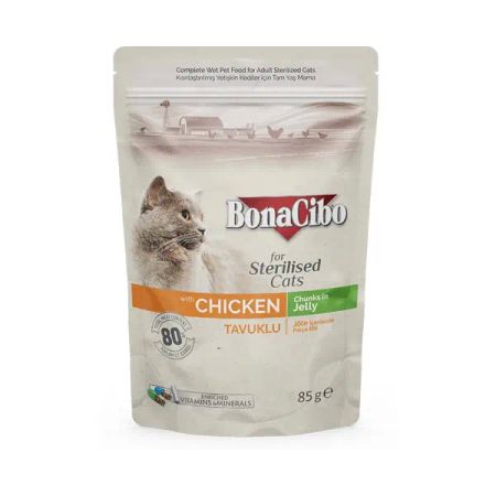 BonaCibo Jöleli Tavuklu Pouch Kısırlaştırılmış Yetişkin Kedi Yaş Maması Kısırlaştırılmış Kediler için Tam Yaş Mama - 85 gr x 12 Adet