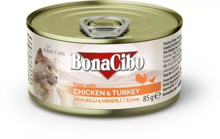 BonaCibo Ezme Tavuklu & Hindili Yaş Kedi Maması Yetişkin Kediler için Tam Yaş Mama - 85Gr x 12 Adet