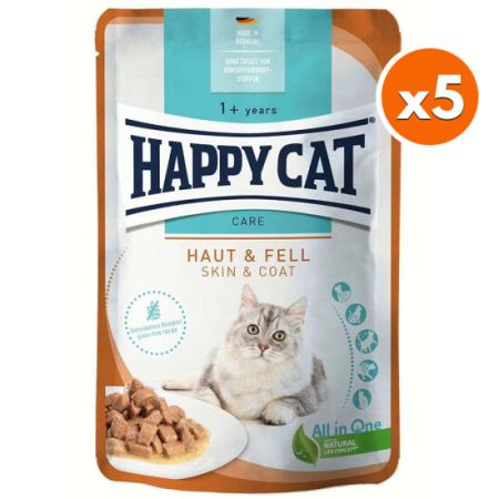 Happy Cat Meat in Sauce Skin Coat Deri ve Tüy Sağlığı Kedi Yaş Maması 85 Gr x 5 Adet