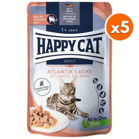 Happy Cat Meat in Sauce Sterilised Somonlu Kısırlaştırılmış Kedi Yaş Maması 85 Gr x 5 Adet