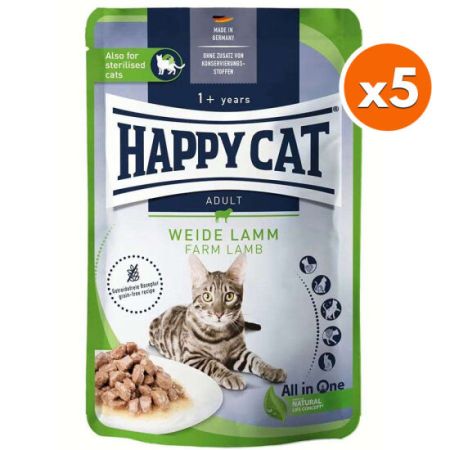 Happy Cat Meat in Sauce Sterilised Kuzu Etli Kısırlaştırılmış Kedi Yaş Maması 85 Gr x 5 Adet