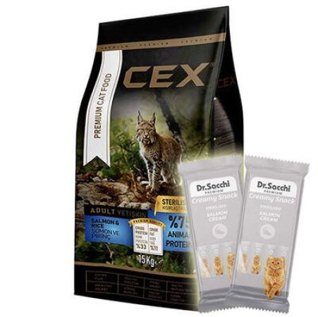 Cex Premium Somonlu Kısırlaştırılmış Kedi Maması 15 Kg + 2 Adet Dr Sacchi 4 lü Creamy Ödül