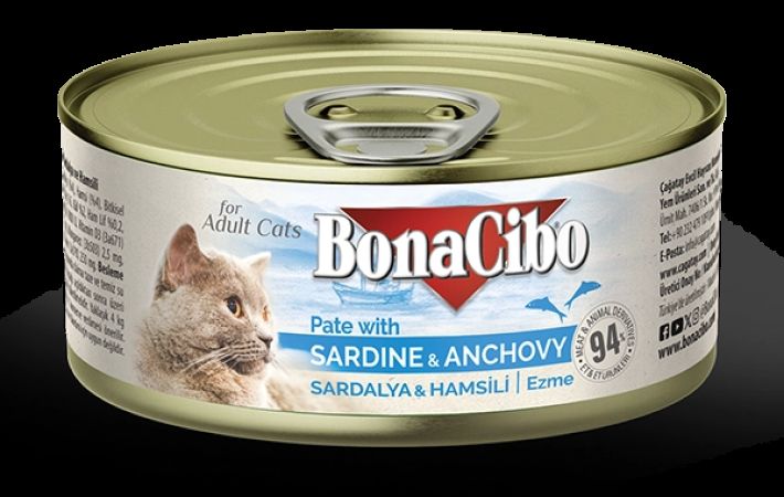 BonaCibo Ezme Sardalya-Hamsili Yaş Kedi Maması Yetişkin Kediler için Tam Yaş Mama – Ezme Sardalya ve Hamsili - 85Gr x 12 Adet