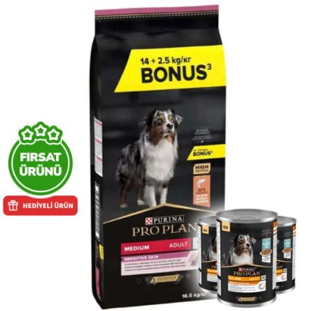 Pro Plan Sensitive Somonlu Hassas Köpek Maması 14 + 2,5 Kg (Toplam 16,5 Kg) + 3 Adet Köpek Konservesi 400 Gr