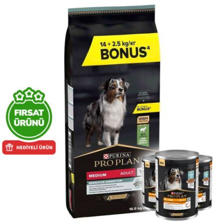 Pro Plan Kuzu Etli Hassas Sindirim Köpek Maması 14 + 2,5 Kg (Toplam 16,5 Kg) + 3 Adet Köpek Konservesi 400 Gr