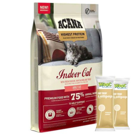 Acana Highest Protein Indoor Cat Tahılsız Kedi Maması 4,5 Kg + 2 Adet Wooc Lolipop Ödül