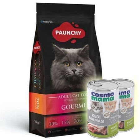 Paunchy Gourmet Tavuk Etli Kedi Maması 15 Kg + 2 Adet Cosmo Konserve 415 Gr