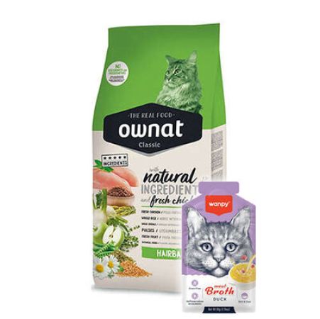 Ownat Classic Hairball Tavuklu Kedi Maması 1,5 Kg + Wanpy 50 Gr Kedi Çorbası