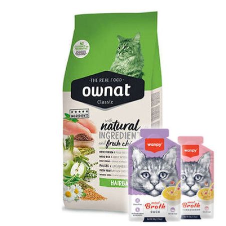 Ownat Classic Hairball Tavuklu Kedi Maması 4 Kg + 2 Adet Wanpy 50 Gr Kedi Çorbası