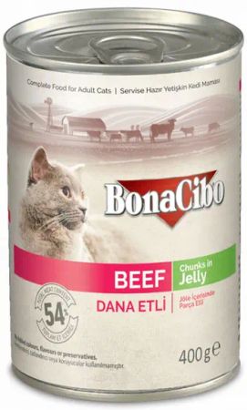 BonaCibo Jöleli Dana Etli Yaş Kedi Maması Yetişkin Kediler için Tam Yaş Mama - 400 gr x 24 Adet