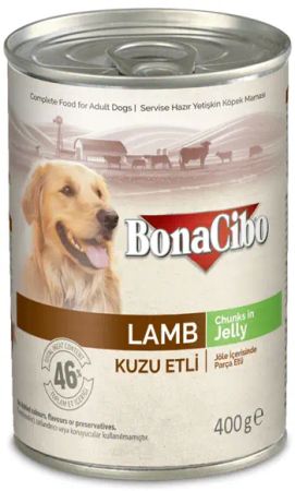 BonaCibo Jöleli Kuzu Etli Yaş Yetişkin Köpek Maması Yetişkin Köpekler için Tam Yaş Mama - 400 gr x 24 Adet