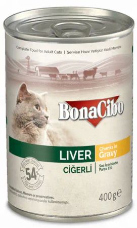 BonaCibo Soslu Ciğerli Yaş Kedi Maması Yetişkin Kediler için Tam Yaş Mama - 400 gr x 24 Adet