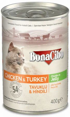 BonaCibo Jöleli Tavuk ve Hindili Yaş Kedi Maması Yetişkin Kediler için Tam Yaş Mama - 400 gr x 24 Adet