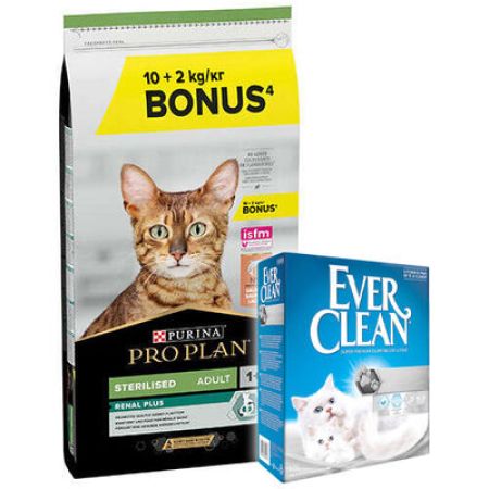 Pro Plan Kısırlaştırılmış Somon Balıklı Kedi Maması 10 + 2 Kg (Toplam 12 Kg) + Everclean 10 Lt Kedi Kumu
