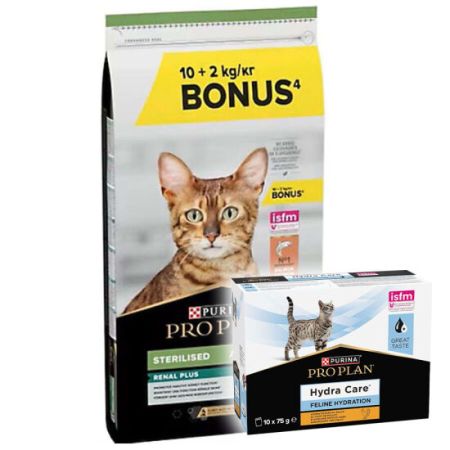 Pro Plan Kısırlaştırılmış Somon Balıklı Kedi Maması 10 + 2 Kg (Toplam 12 Kg) + Hydra Care Yaş Mama 75 Gr x 10 Adet