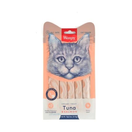 Wanpy Tüy Sağlığı Destekleyici Ton Balıklı ve Somonlu Krema Kedi Ödül Maması 5 x 14 gr