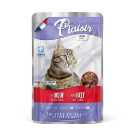 Plaisir Pouch Sığır Etli ve Hindili Kısırlaştırılmış Yetişkin Kedi Konservesi 100 gr