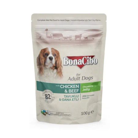 BonaCibo Jöleli Tavuklu-Dana Etli Pouch Yetişkin Köpek Yaş Maması Yetişkin Köpekler için Tam Yaş Mama - 100 gr x 24 Adet
