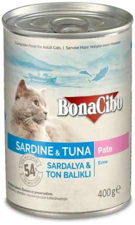 BonaCibo Ezme Sardalya ve Ton Balıklı Yaş Kedi Maması Yetişkin Kediler için Tam Yaş Mama - 400 gr x 24 Adet