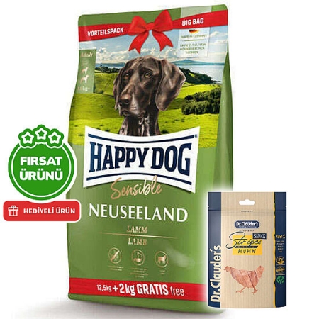 Happy Dog Neuseeland Kuzu Etli Köpek Maması 12,5 + 2 Kg (Toplam 14,5 Kg) + 2 Adet Dr. Clauders Ödül 80 Gr