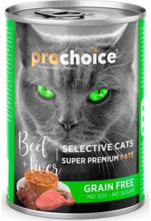 ProChoice Seçici Kediler İçin Sığır Etli Ciğerli Tahılsız Ezme Yetişkin Kedi Konservesi 400 gr