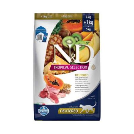 N&D Tropical Selection Düşük Tahıllı Kuzu Etli ve Tropikal Meyveli Kısırlaştırılmış Kedi Maması 4 + 1 kg Hediyeli!